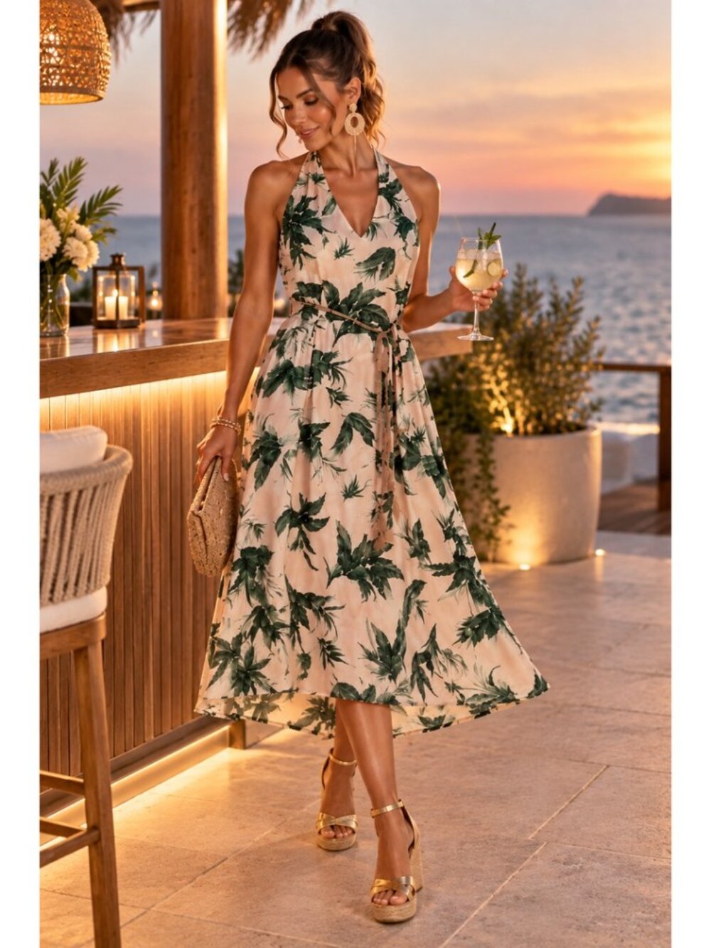 Parker Tropical Palm Leaf Halter Maxi Dress Blush Green NWT
